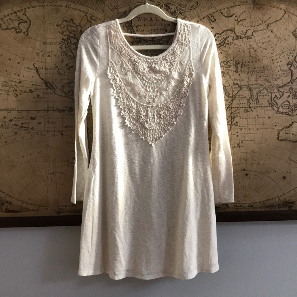 Creamy oatmeal colored Knit dress crochet detail